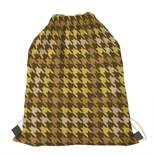 Brown And Tan Houndstooth Pattern Print Drawstring Bag