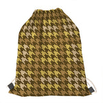 Brown And Tan Houndstooth Pattern Print Drawstring Bag