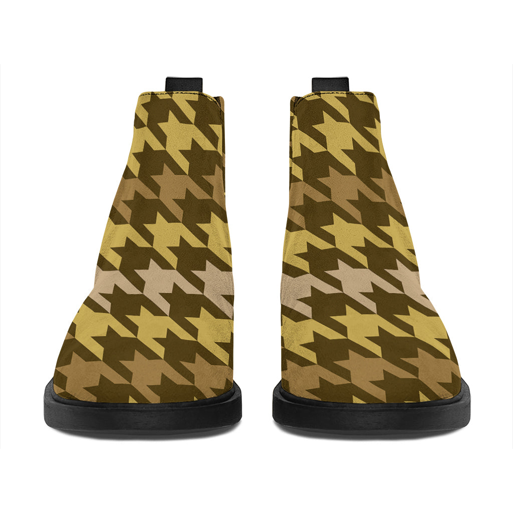 Brown And Tan Houndstooth Pattern Print Flat Ankle Boots