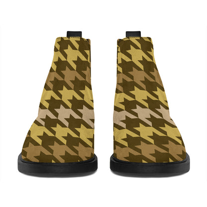 Brown And Tan Houndstooth Pattern Print Flat Ankle Boots