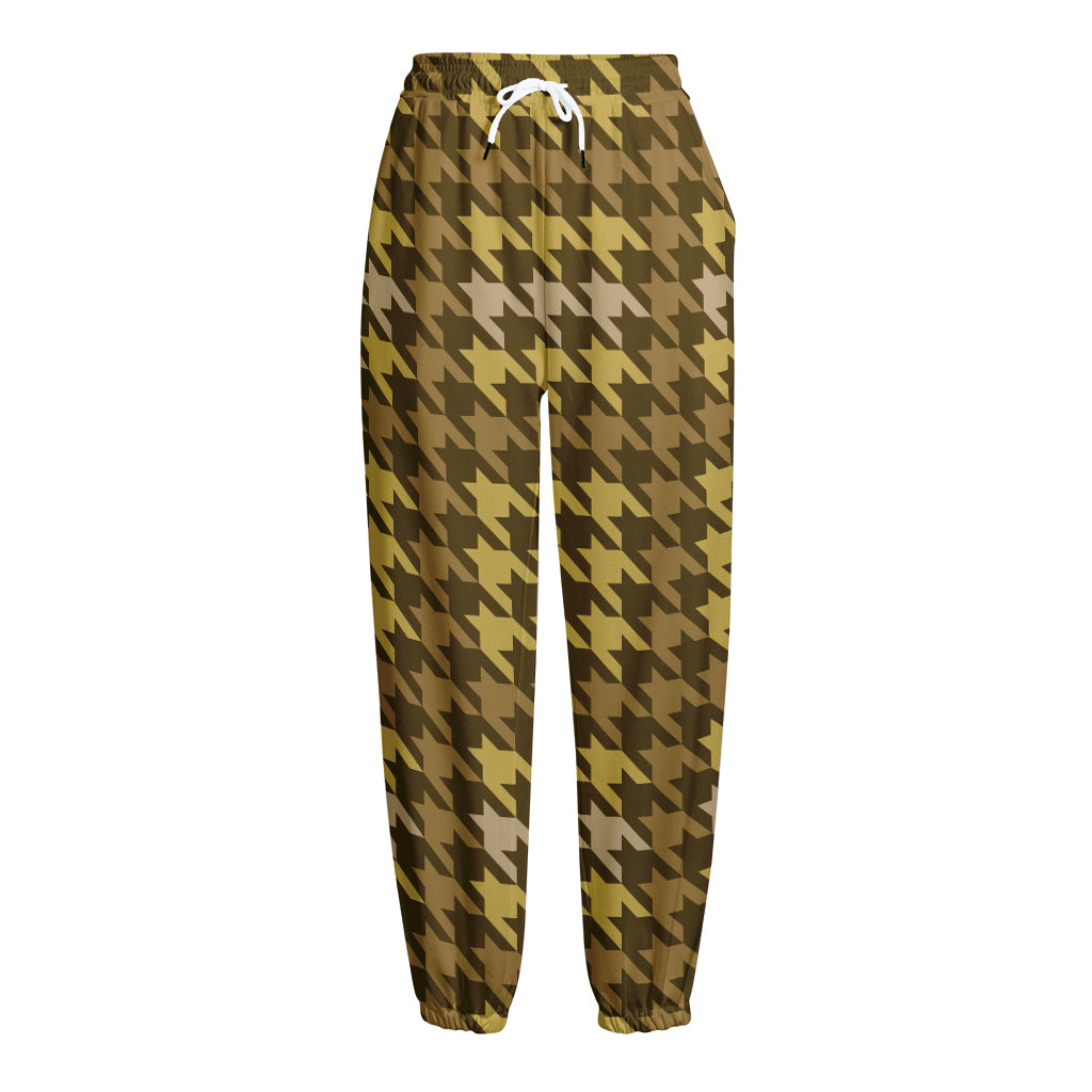 Brown And Tan Houndstooth Pattern Print Fleece Lined Knit Pants