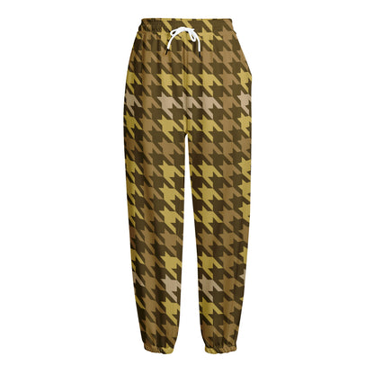 Brown And Tan Houndstooth Pattern Print Fleece Lined Knit Pants