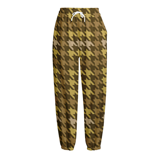 Brown And Tan Houndstooth Pattern Print Fleece Lined Knit Pants