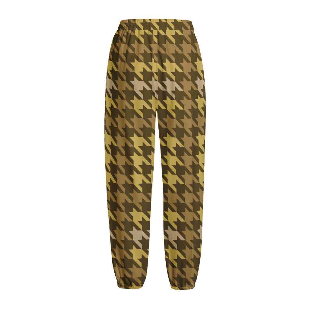 Brown And Tan Houndstooth Pattern Print Fleece Lined Knit Pants
