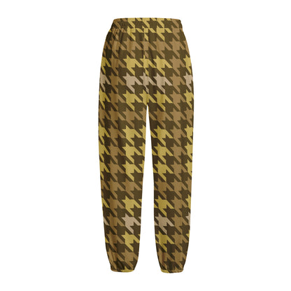 Brown And Tan Houndstooth Pattern Print Fleece Lined Knit Pants