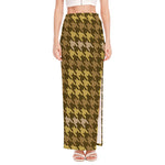 Brown And Tan Houndstooth Pattern Print High Slit Maxi Skirt