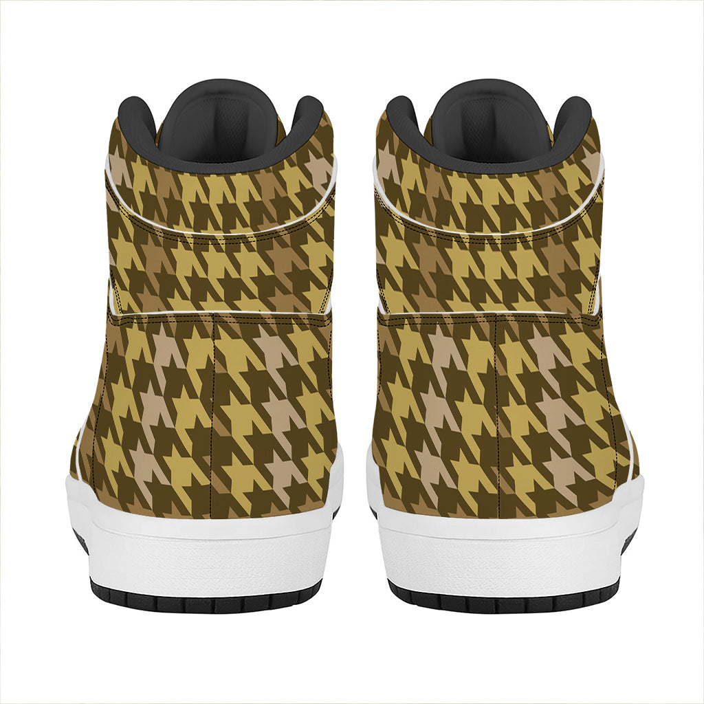 Brown And Tan Houndstooth Pattern Print High Top Leather Sneakers