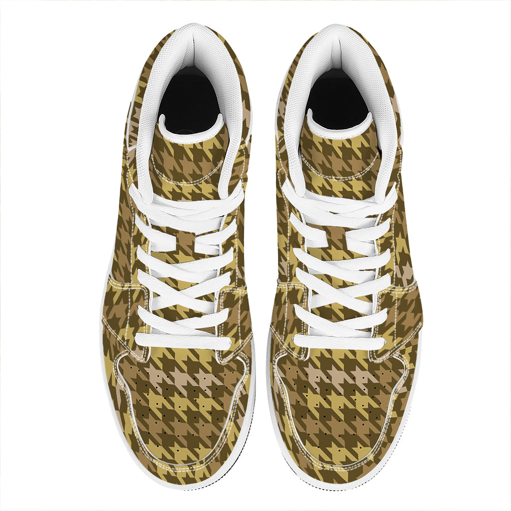 Brown And Tan Houndstooth Pattern Print High Top Leather Sneakers
