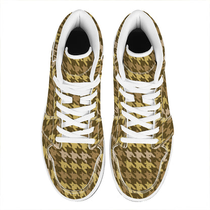 Brown And Tan Houndstooth Pattern Print High Top Leather Sneakers