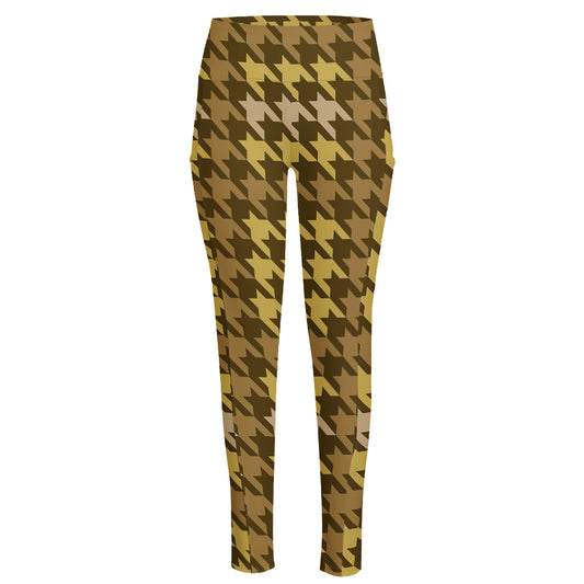Brown And Tan Houndstooth Pattern Print High-Waisted Pocket Leggings