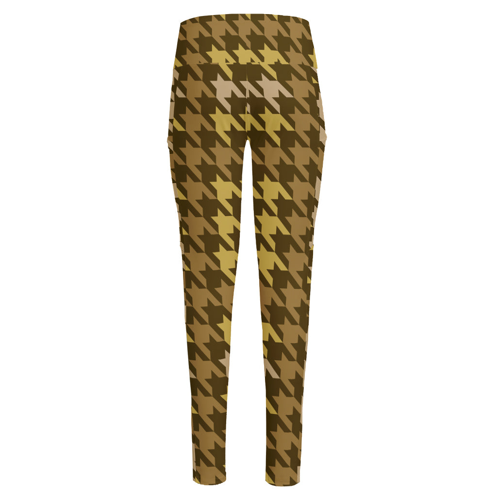 Brown And Tan Houndstooth Pattern Print High-Waisted Pocket Leggings