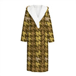 Brown And Tan Houndstooth Pattern Print Hooded Bathrobe