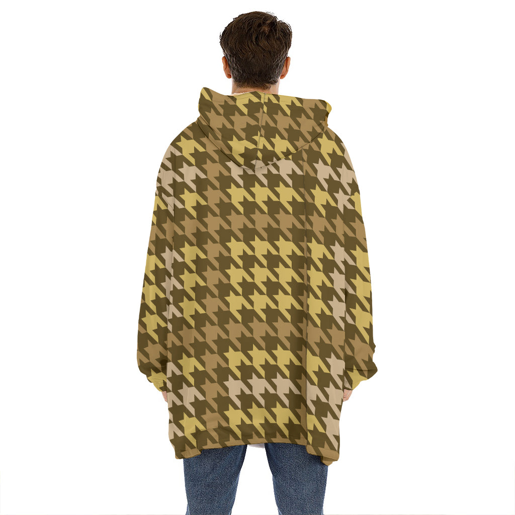 Brown And Tan Houndstooth Pattern Print Hoodie Blanket