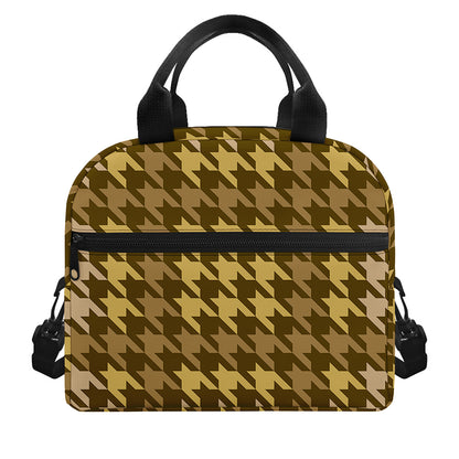 Brown And Tan Houndstooth Pattern Print Insulated Lunch Bag