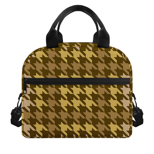 Brown And Tan Houndstooth Pattern Print Insulated Lunch Bag