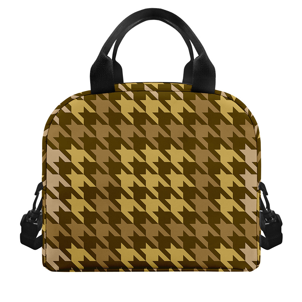 Brown And Tan Houndstooth Pattern Print Insulated Lunch Bag