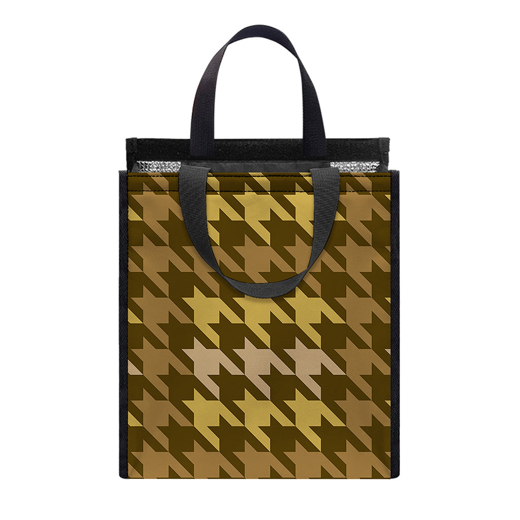 Brown And Tan Houndstooth Pattern Print Insulated Lunch Tote