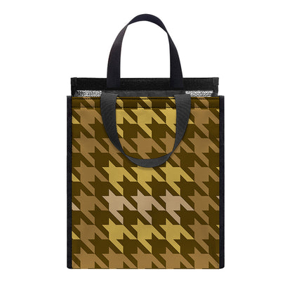 Brown And Tan Houndstooth Pattern Print Insulated Lunch Tote