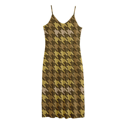 Brown And Tan Houndstooth Pattern Print Jersey Midi Cami Dress
