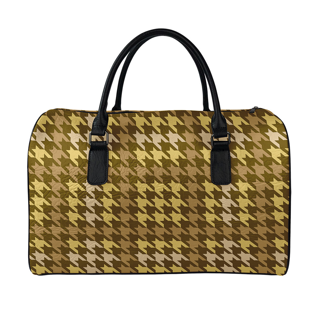 Brown And Tan Houndstooth Pattern Print Leather Duffle Bag