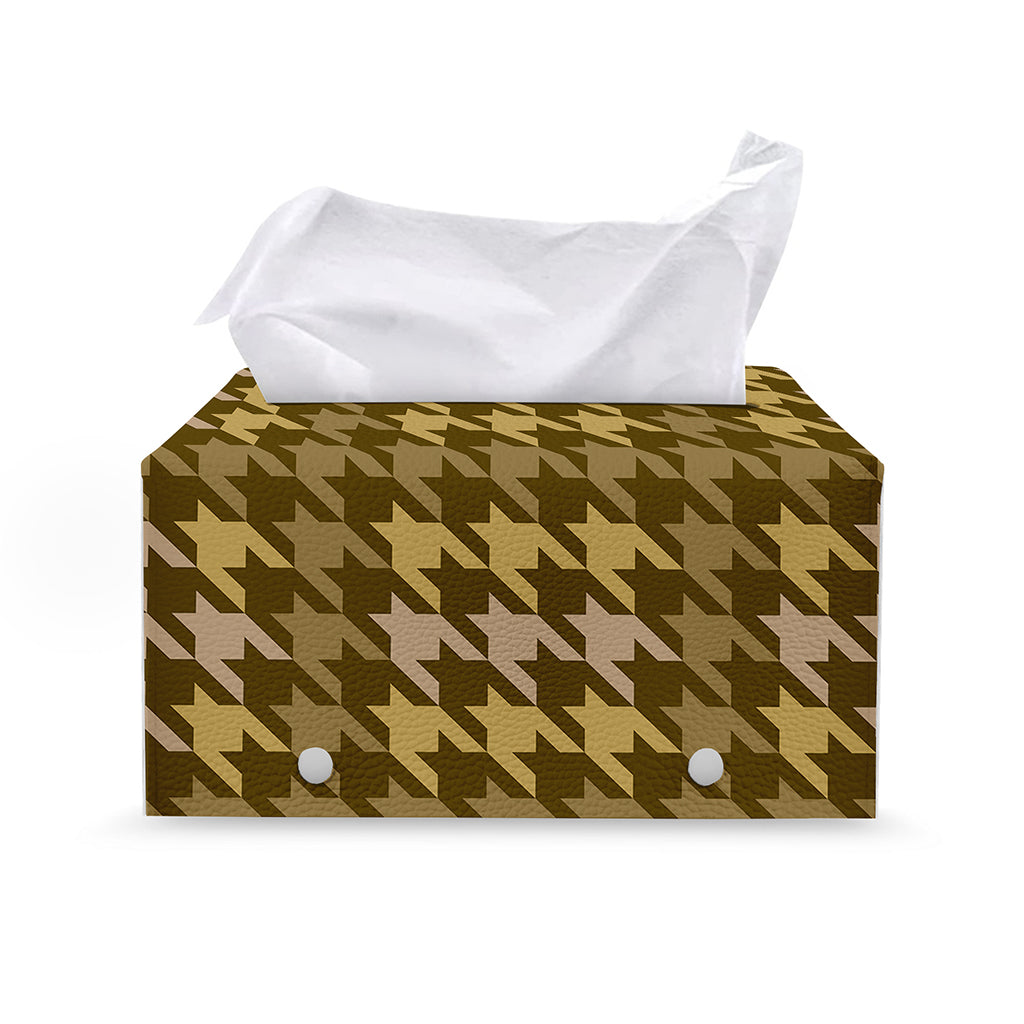 Brown And Tan Houndstooth Pattern Print Leather Tissue Box Cover
