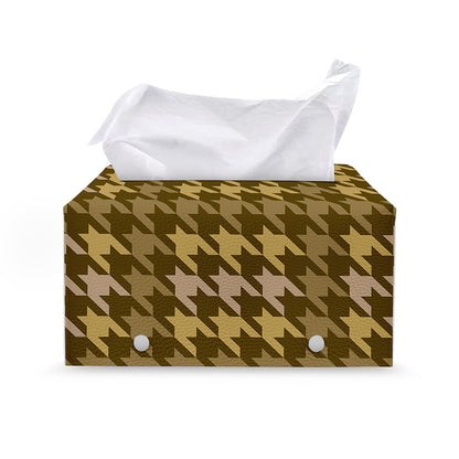 Brown And Tan Houndstooth Pattern Print Leather Tissue Box Cover