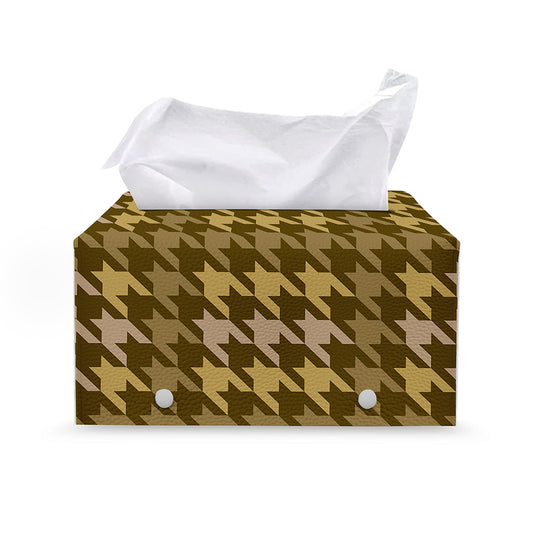 Brown And Tan Houndstooth Pattern Print Leather Tissue Box Cover