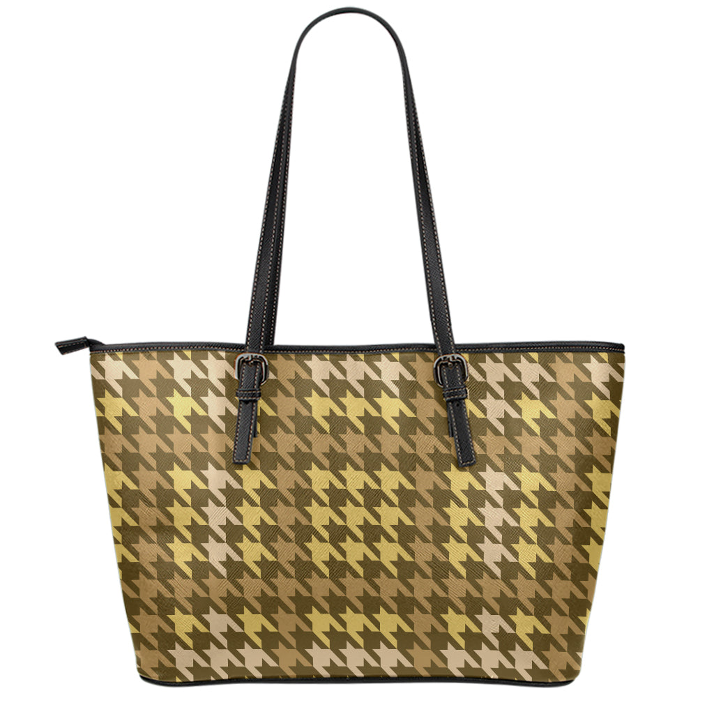 Brown And Tan Houndstooth Pattern Print Leather Tote Bag