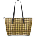 Brown And Tan Houndstooth Pattern Print Leather Tote Bag With Zipper