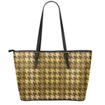 Brown And Tan Houndstooth Pattern Print Leather Tote Bag