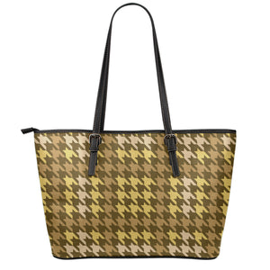 Brown And Tan Houndstooth Pattern Print Leather Tote Bag