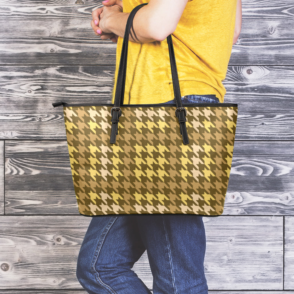 Brown And Tan Houndstooth Pattern Print Leather Tote Bag