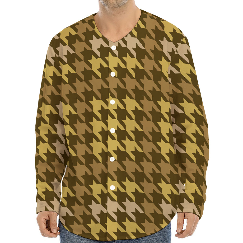 Brown And Tan Houndstooth Pattern Print Long Sleeve Baseball Jersey