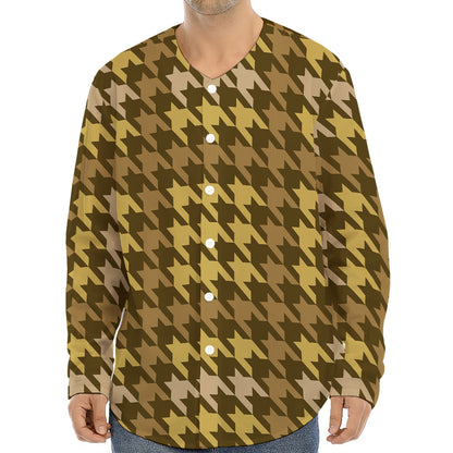 Brown And Tan Houndstooth Pattern Print Long Sleeve Baseball Jersey