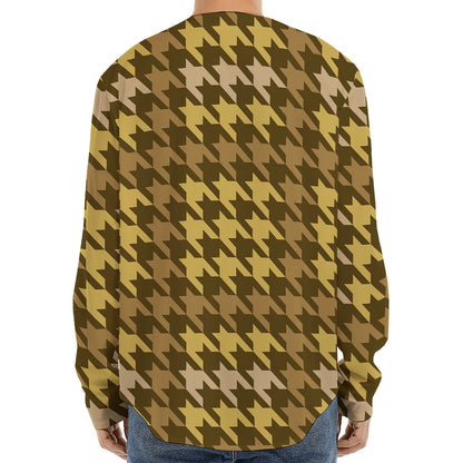 Brown And Tan Houndstooth Pattern Print Long Sleeve Baseball Jersey