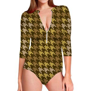 Brown And Tan Houndstooth Pattern Print Long Sleeve Swimsuit