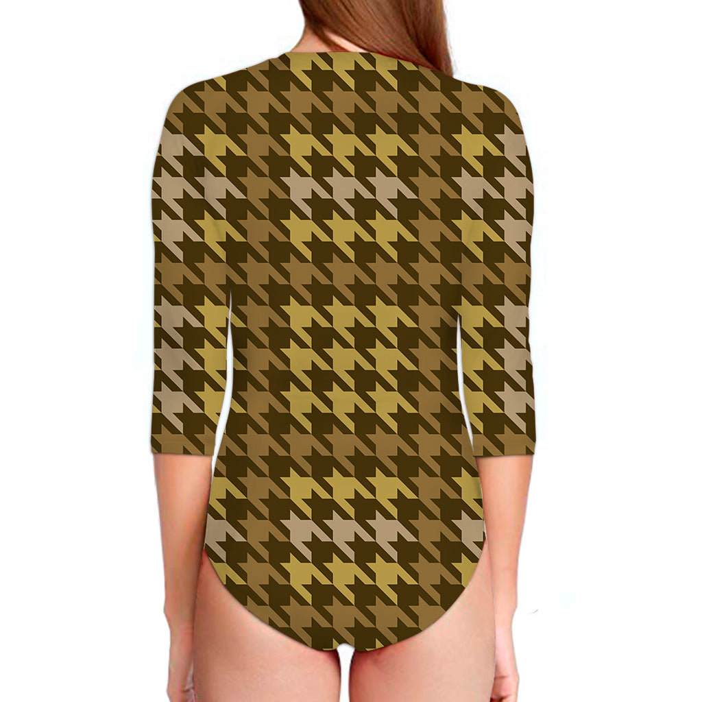 Brown And Tan Houndstooth Pattern Print Long Sleeve Swimsuit