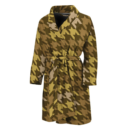 Brown And Tan Houndstooth Pattern Print Men's Bathrobe