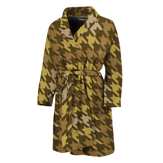 Brown And Tan Houndstooth Pattern Print Men's Bathrobe