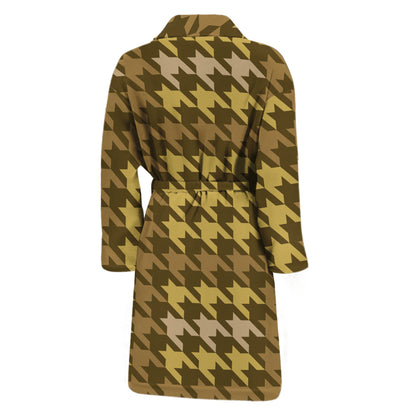 Brown And Tan Houndstooth Pattern Print Men's Bathrobe