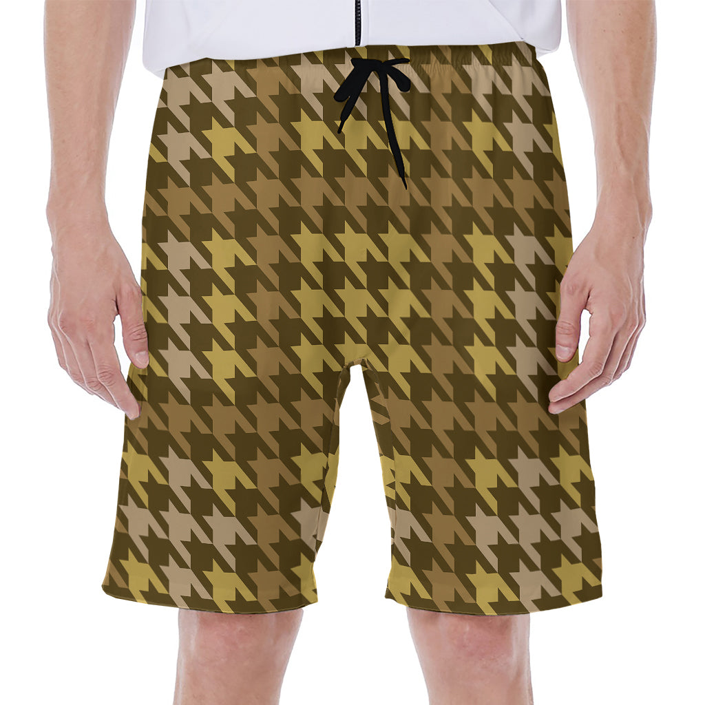 Brown And Tan Houndstooth Pattern Print Men's Beach Shorts