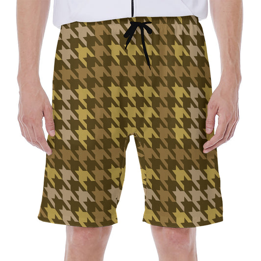 Brown And Tan Houndstooth Pattern Print Men's Beach Shorts