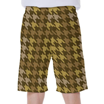Brown And Tan Houndstooth Pattern Print Men's Beach Shorts