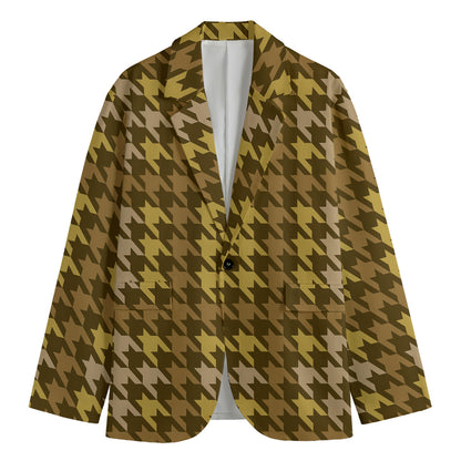 Brown And Tan Houndstooth Pattern Print Men's Blazer