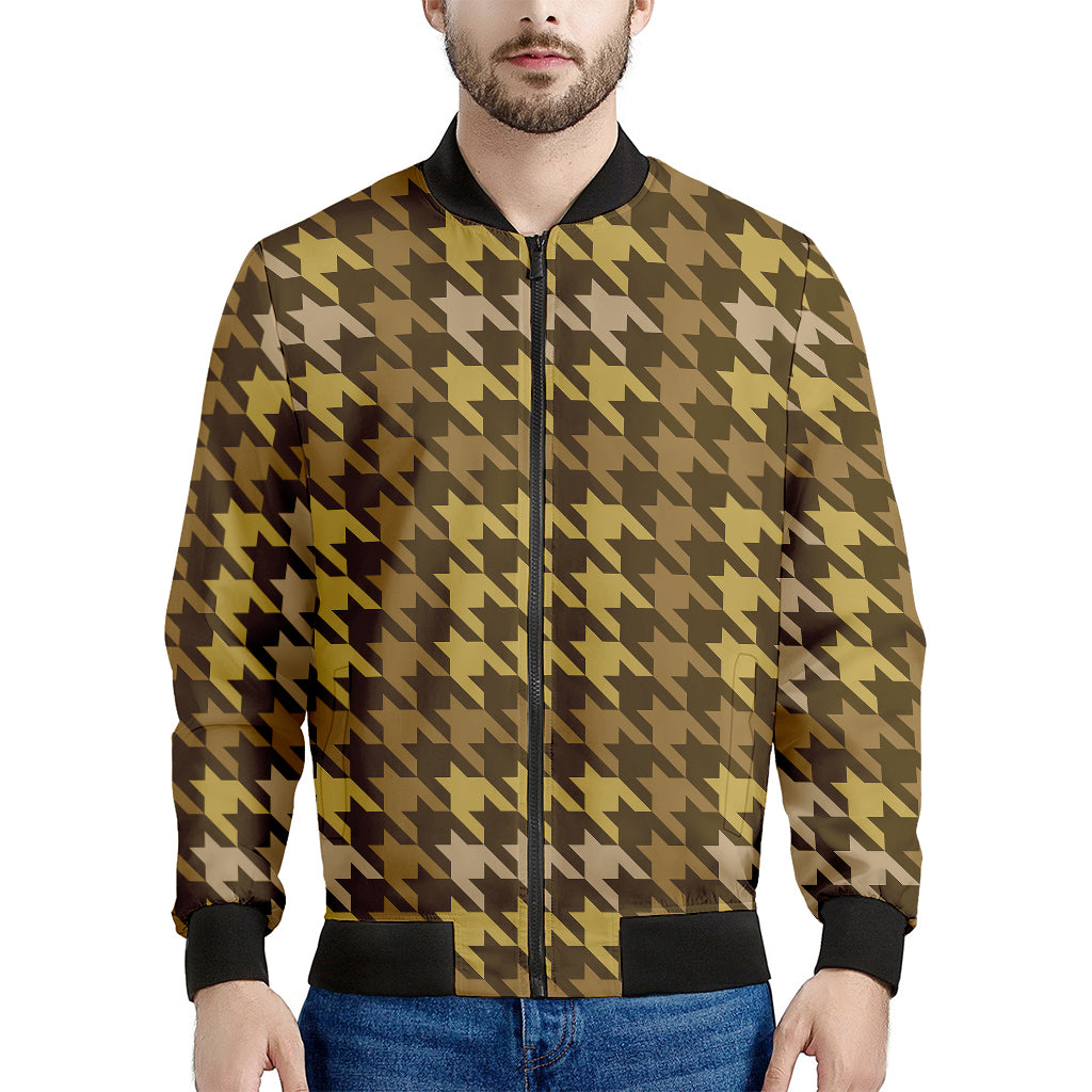 Brown And Tan Houndstooth Pattern Print Men's Bomber Jacket