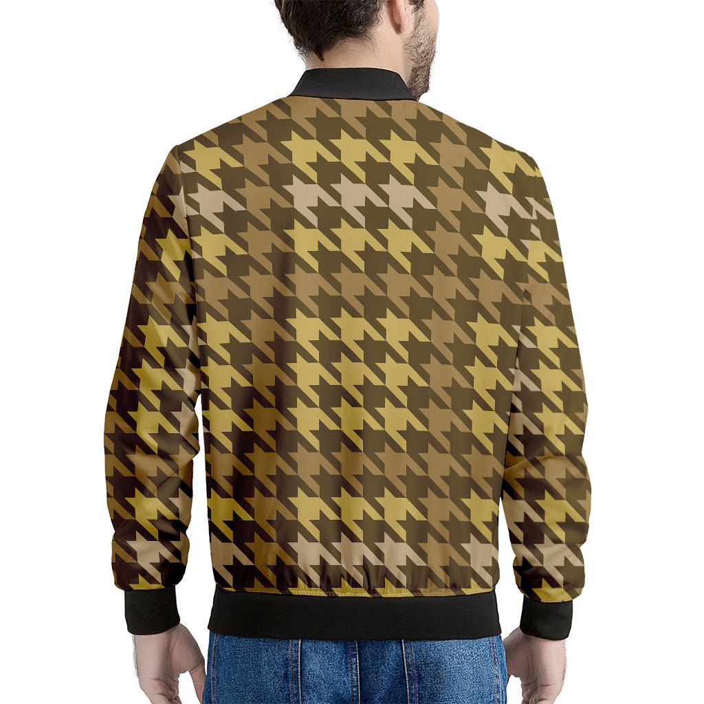 Brown And Tan Houndstooth Pattern Print Men's Bomber Jacket