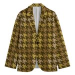Brown And Tan Houndstooth Pattern Print Men's Cotton Blazer