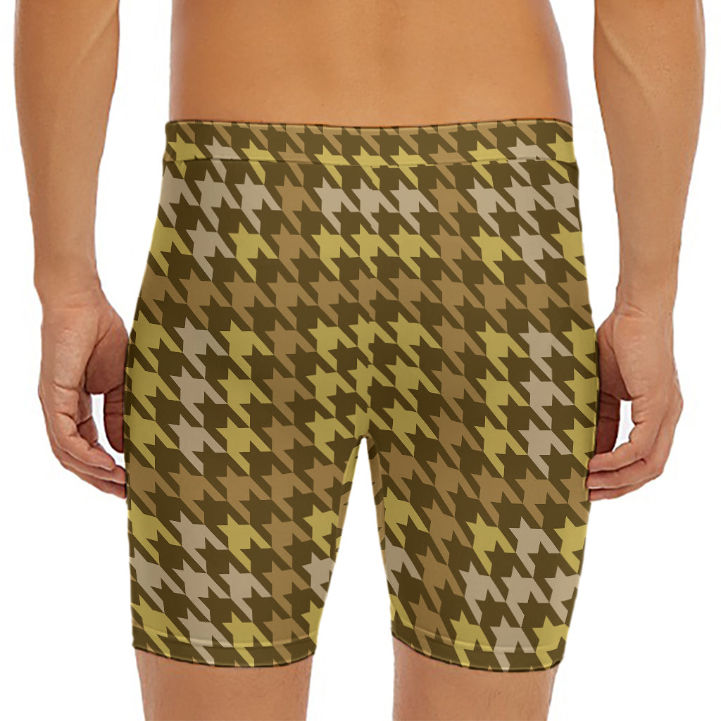 Brown And Tan Houndstooth Pattern Print Men's Long Boxer Briefs