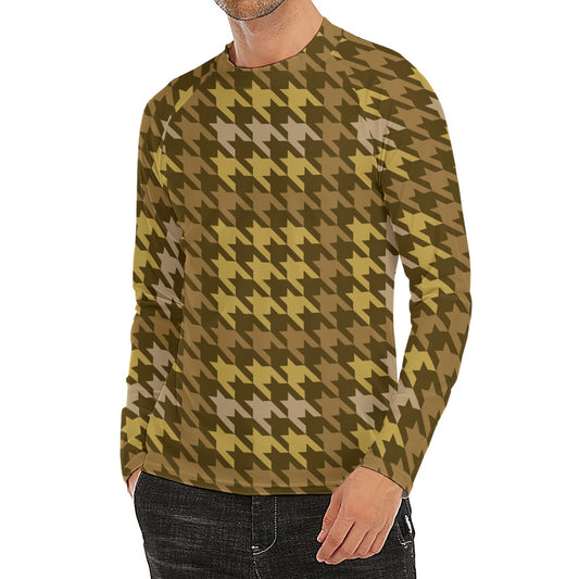 Brown And Tan Houndstooth Pattern Print Men's Long Sleeve Rash Guard
