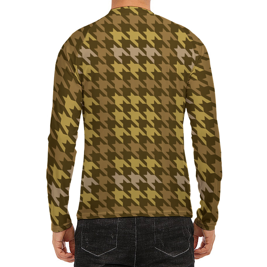 Brown And Tan Houndstooth Pattern Print Men's Long Sleeve Rash Guard